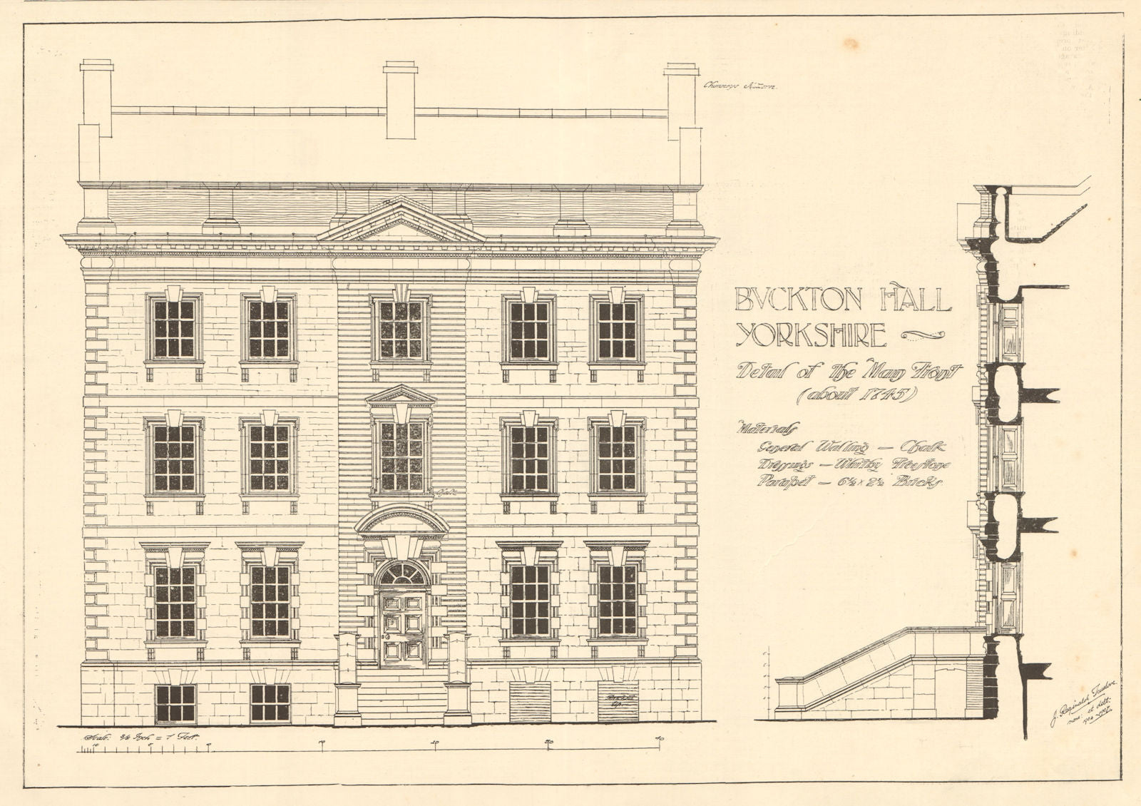 Buckton Hall, Yorkshire. Detail of the main front (about 1745) 1907 old print
